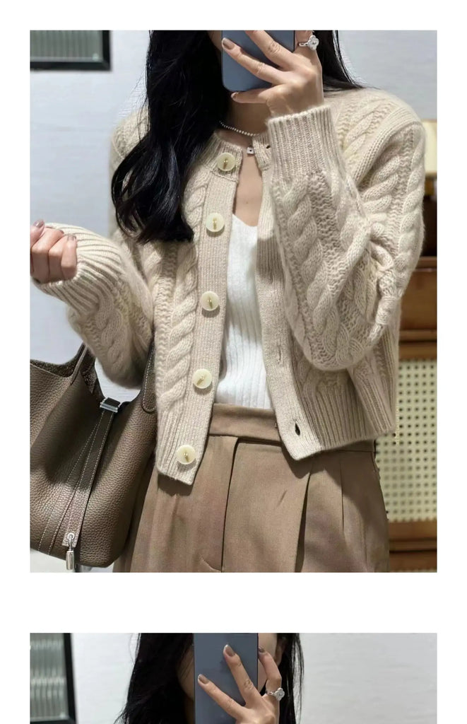 Women's Pure Cashmere Wool Sweater Round Neck Twists Short Cardigan Autumn Winter Casual Knit Top Female Thickened Warm Jacket