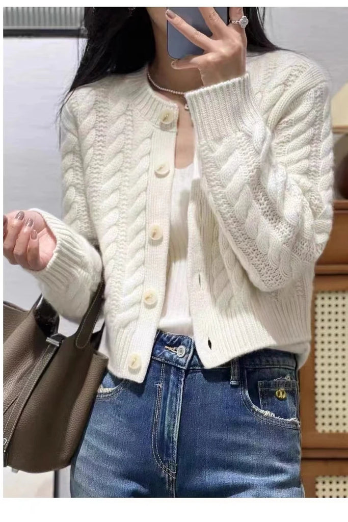 Women's Pure Cashmere Wool Sweater Round Neck Twists Short Cardigan Autumn Winter Casual Knit Top Female Thickened Warm Jacket