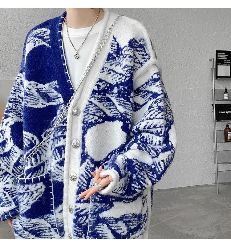 Men Fashion Printed Sweater Coat V Neck Knitted Cardigan Autumn Lazy Chic Elegant Sweater Men High Street Hip Hop Oversized 8XL