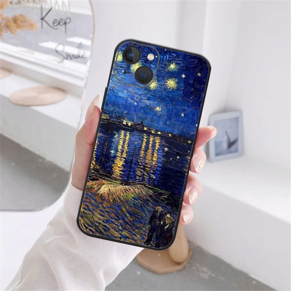 Art Van Gogh Starry Sunflower Phone Cover For iPhone 11 12 13 14 15 16 Pro Max X XR XS Max 15 16 Plus Black Soft Silicone Case