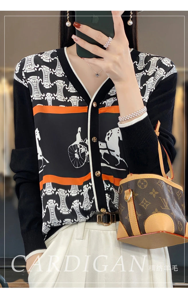 Spring and Autumn New Woven Wool Cardigan Women's V-neck Color Matching Sweater Thin Loose Silk Printed Long Sleeve Knitted Jack