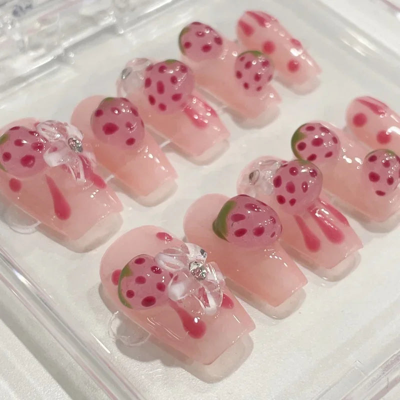 10pcs Handmade Square Press on Nails French Coffin Pink Fake Nail Strawberry Decor Sweet Style Square Artificial Nail for Women