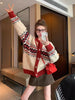 Women Fashion Striped Jacquard Thick Warm Soft Sweaters Autumn Winter New Vintage Loose O-neck Casual Red Knitted Cardigan