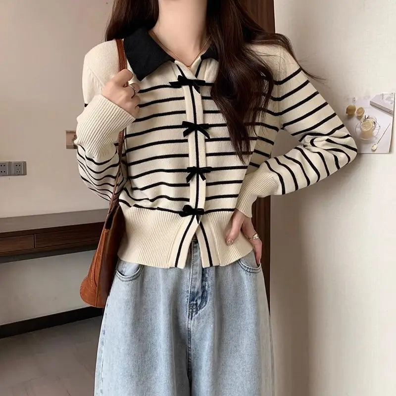 Sweet Cardigan Women Striped Bow Turn-down Collar Knitting Sweater Autumn Preppy Style Fashion Design Girls Outwear Casual Tops