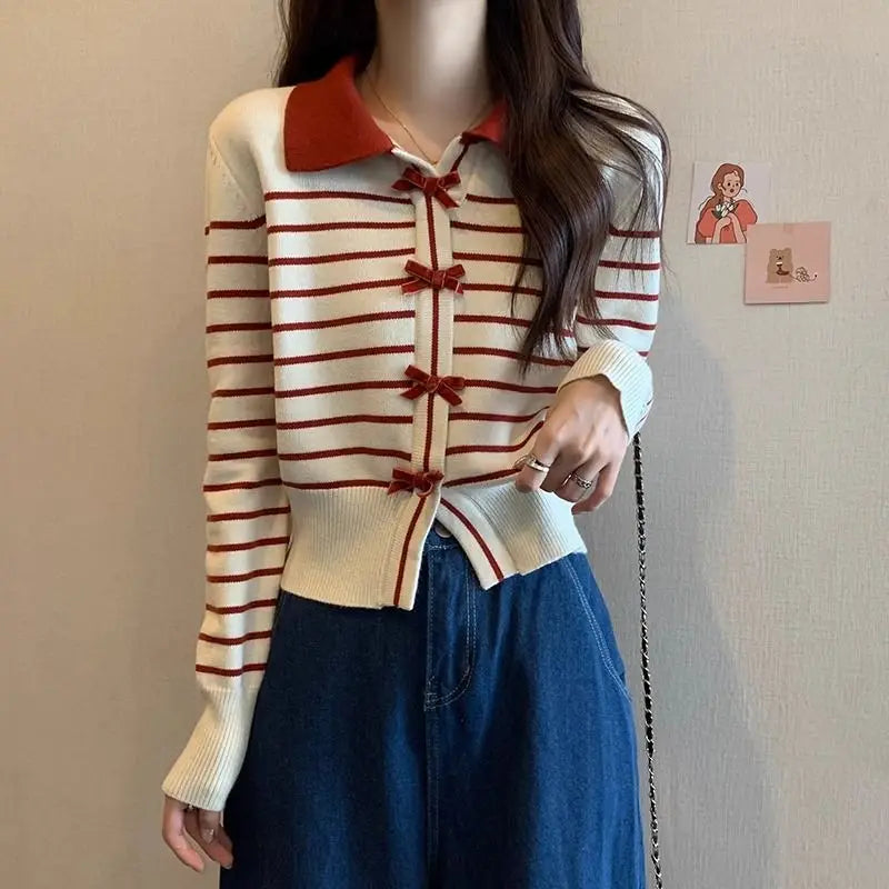 Sweet Cardigan Women Striped Bow Turn-down Collar Knitting Sweater Autumn Preppy Style Fashion Design Girls Outwear Casual Tops