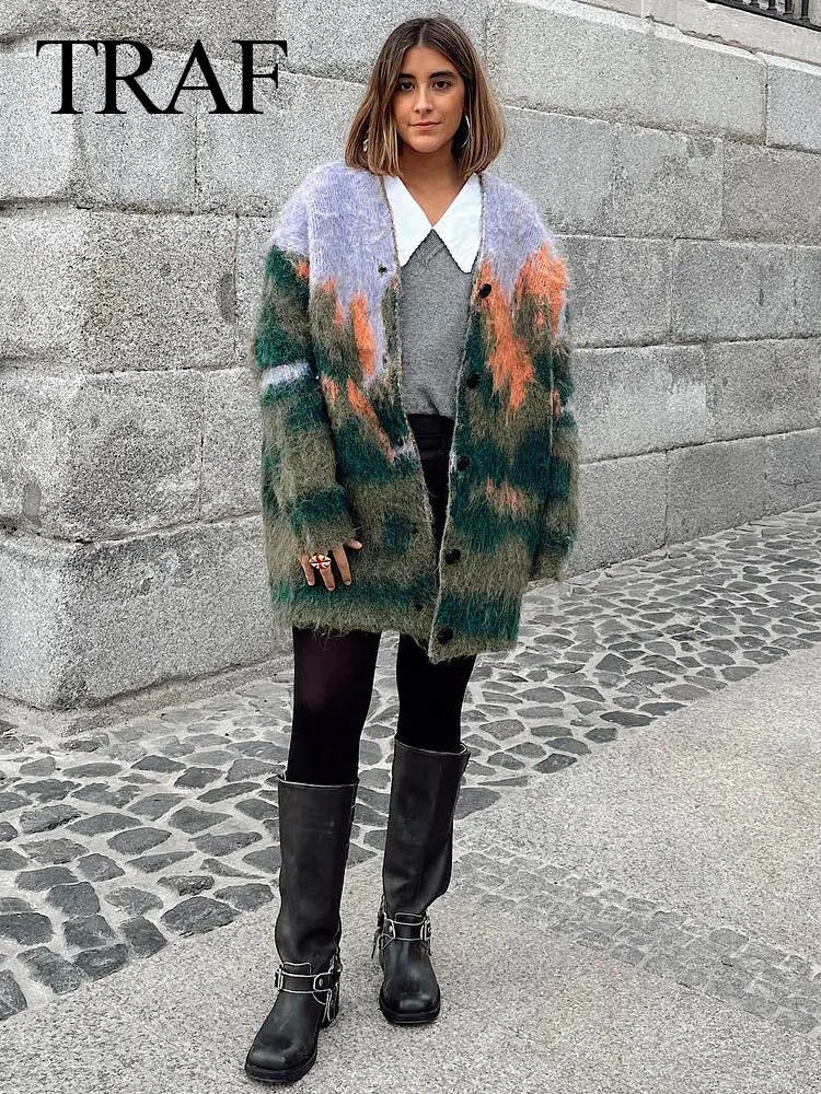 TRAF Fall Female Casual Printed Knitted Cardigan Colorful Loose V Neck Long Sweater High Street Fashion Woman's Vintage Coat