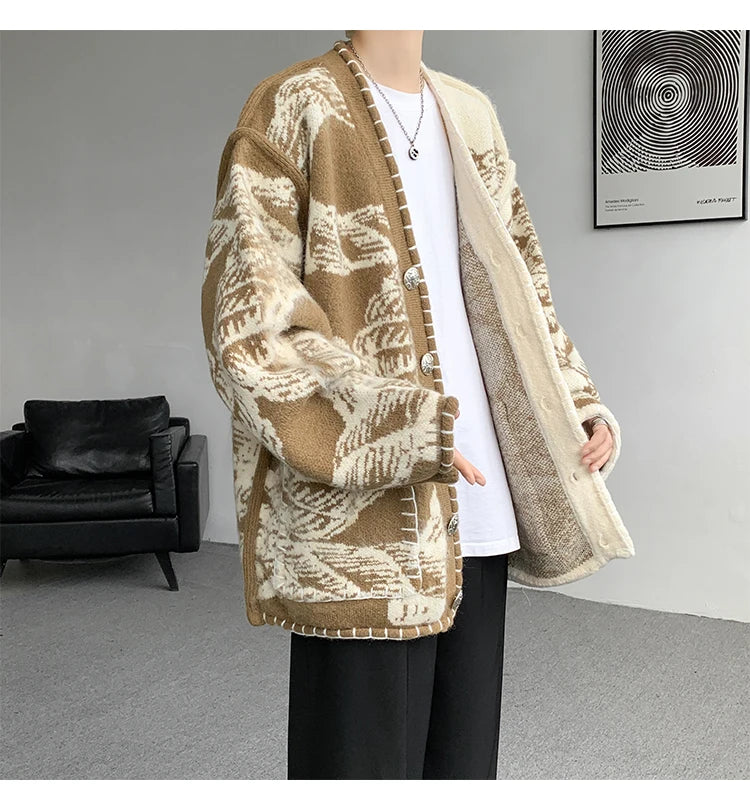 Men Fashion Printed Sweater Coat V Neck Knitted Cardigan Autumn Lazy Chic Elegant Sweater Men High Street Hip Hop Oversized 8XL