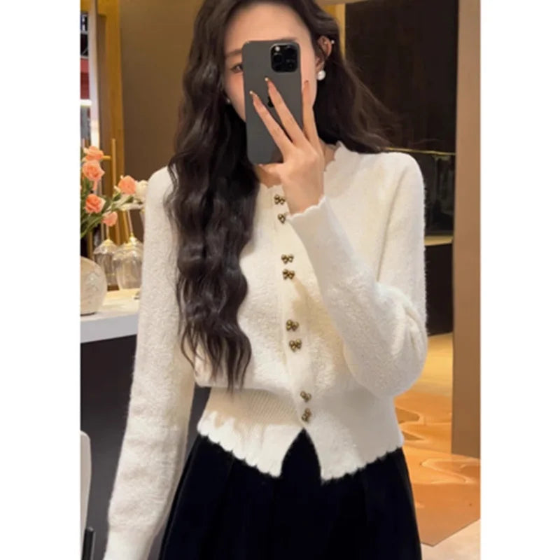 Women's Clothing Basic Solid Elegant Bow Button Slim Wool Knitted Cardigan Autumn Winter Temperament O-neck Soft Red Sweaters