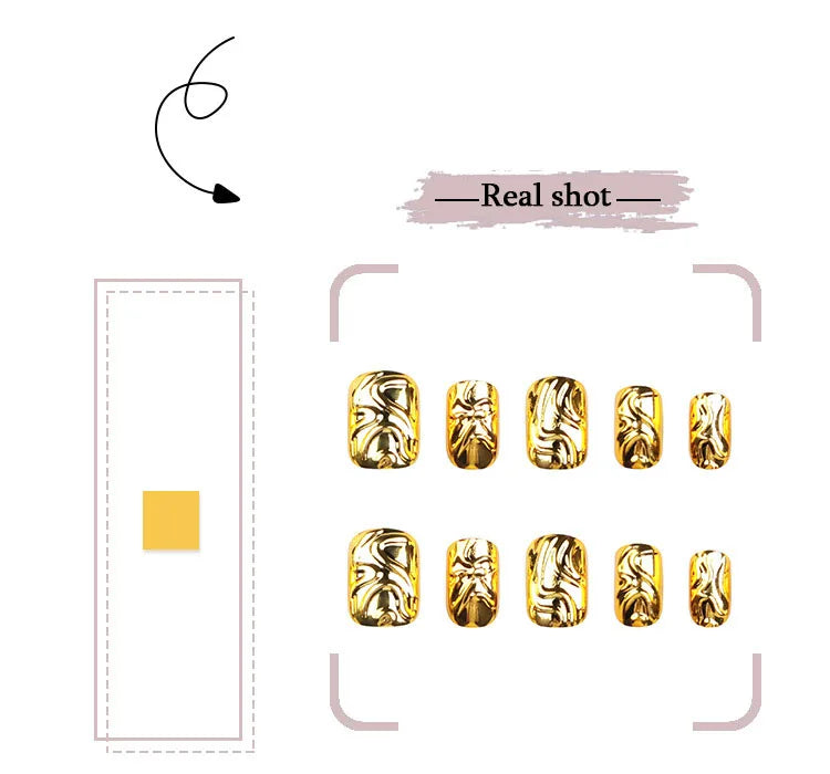 Gold 3D Water Ripple Sparkling Nail Art Fashion Glossy Short Fake Nails Detachable Finished False Nails Press on Nails with Glue