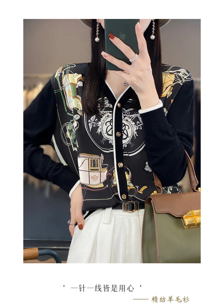 Spring And Autumn New Wool Coat Jacket Women's Long Sleeve Wide V-Neck Printed Stitching Sweater Thin Cardigan