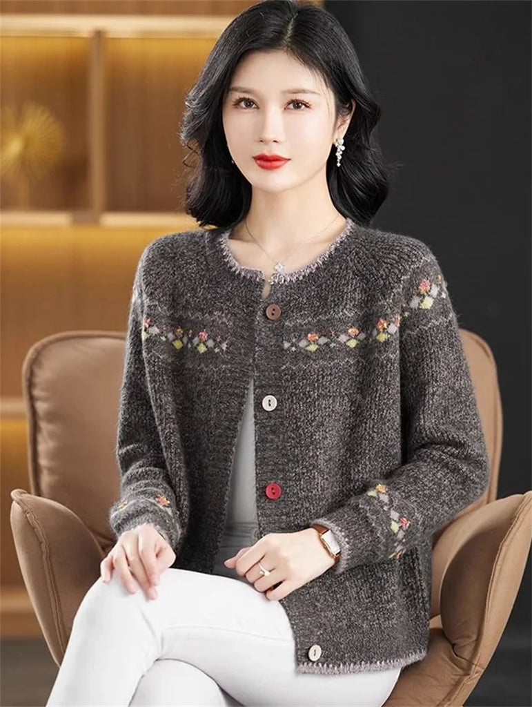 2024 New Sweater Coat Ladies Retro Jacquard Knitwear Cardigan Jacket Early Spring Autumn Western-Style Outerwear Loose Women Top