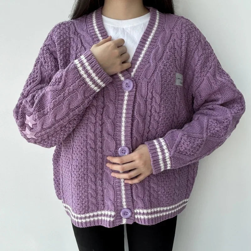 Purple Star Embroidered Sweater Women Winter Thick Warm Y2K Cardigan Autumn V-neck Single Breasted Soft Loose Knitwear Female