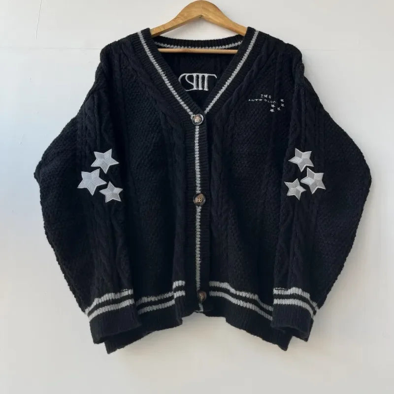 2024 Black Cardigans with Stars Embroidered Female Autumn Winter Knitted Cardigan Women Warm Soft Loose Sweaters Jumpers Tops