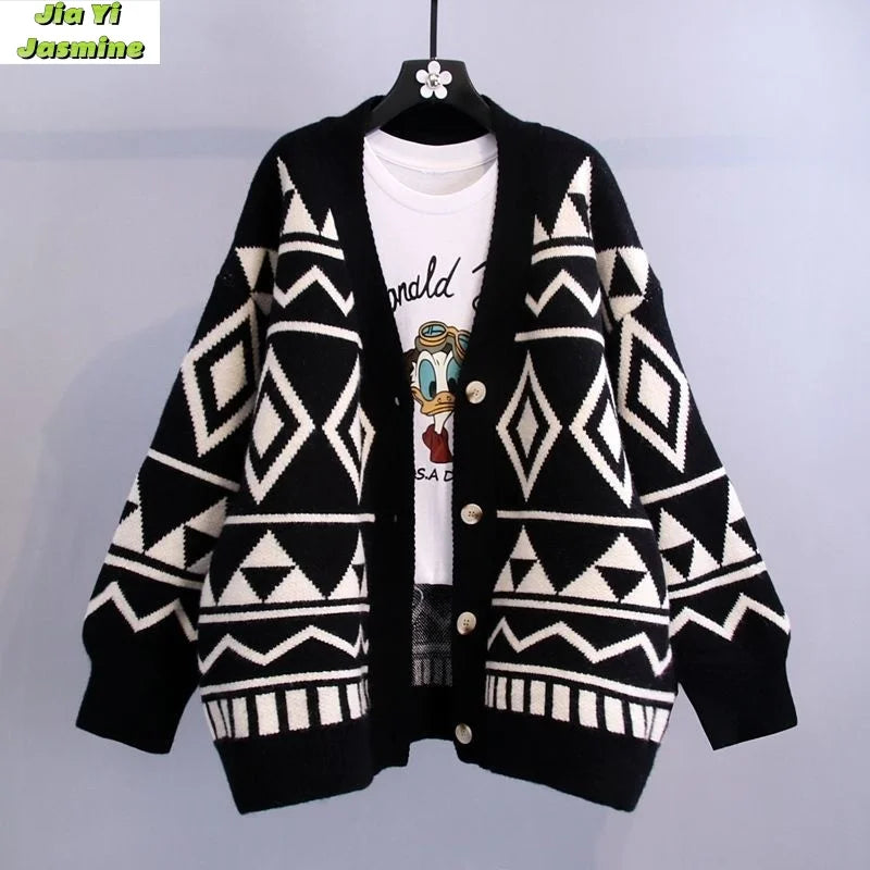 Women's 2024 Autumn/Winter New Retro Geometric Diamond Shaped Sweater Loose Outerwear Lazy Style Coat Thick Knitted Cardigan