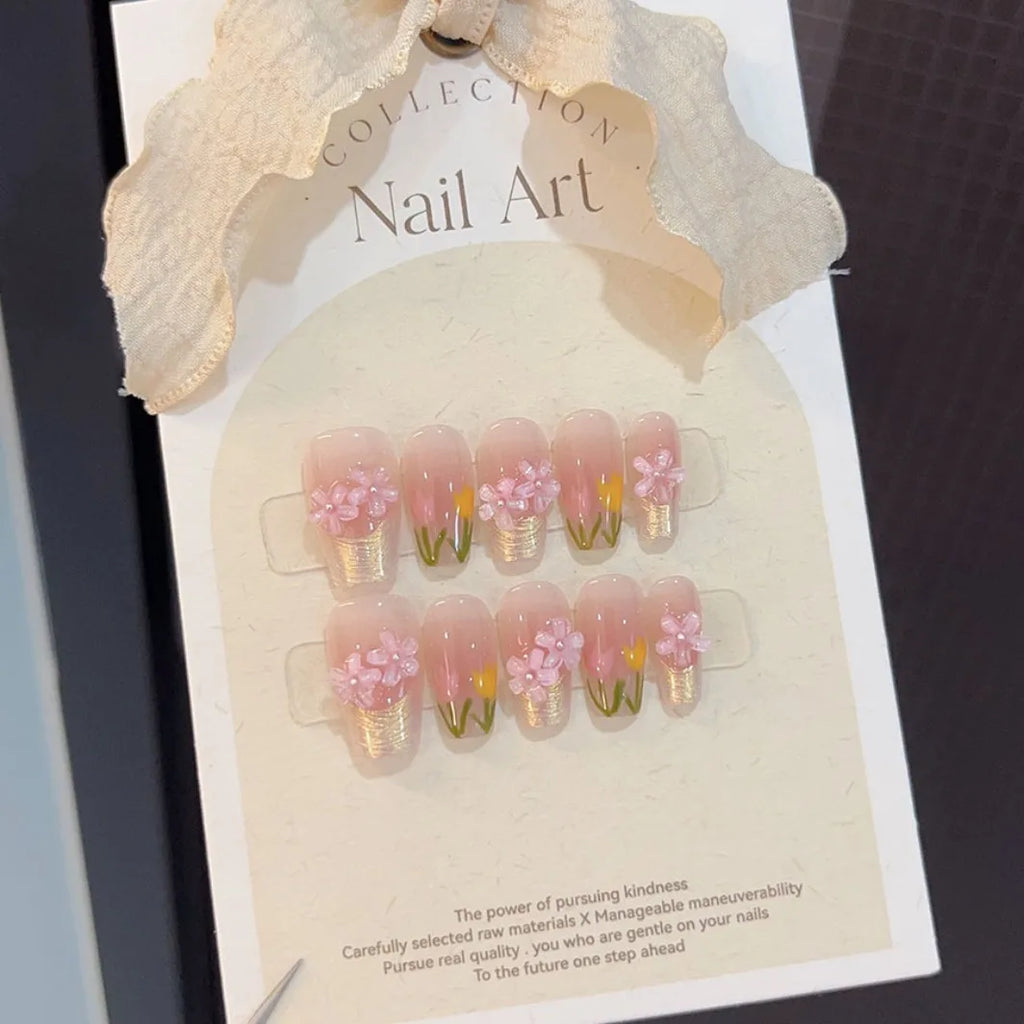 10Pcs Handmade Press on Nails Short Fake Nails with Peach Design Wearable Stick-on Nails False Nail Накладные Ногти Nail Art 네일팁