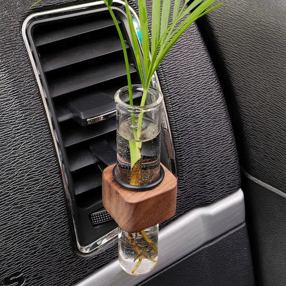 Stable Mini Car Flower Vase Clip Elegant Adjustable Car Vent Flower Vase Walnut and Glass Creative Car Vent Decor Dashboard