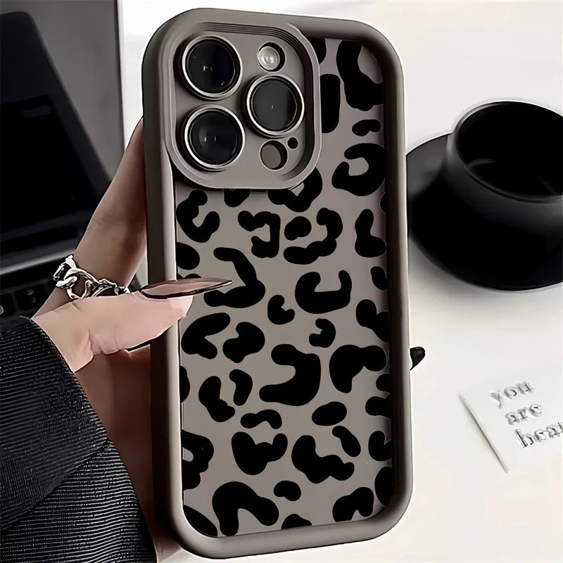 Black Leopard Print Pattern Silicone Phone Case For iPhone 11 12 13 14 15 16 Pro Max X XS XR 7 8 Plus SE 2 Shockproof Soft Cover