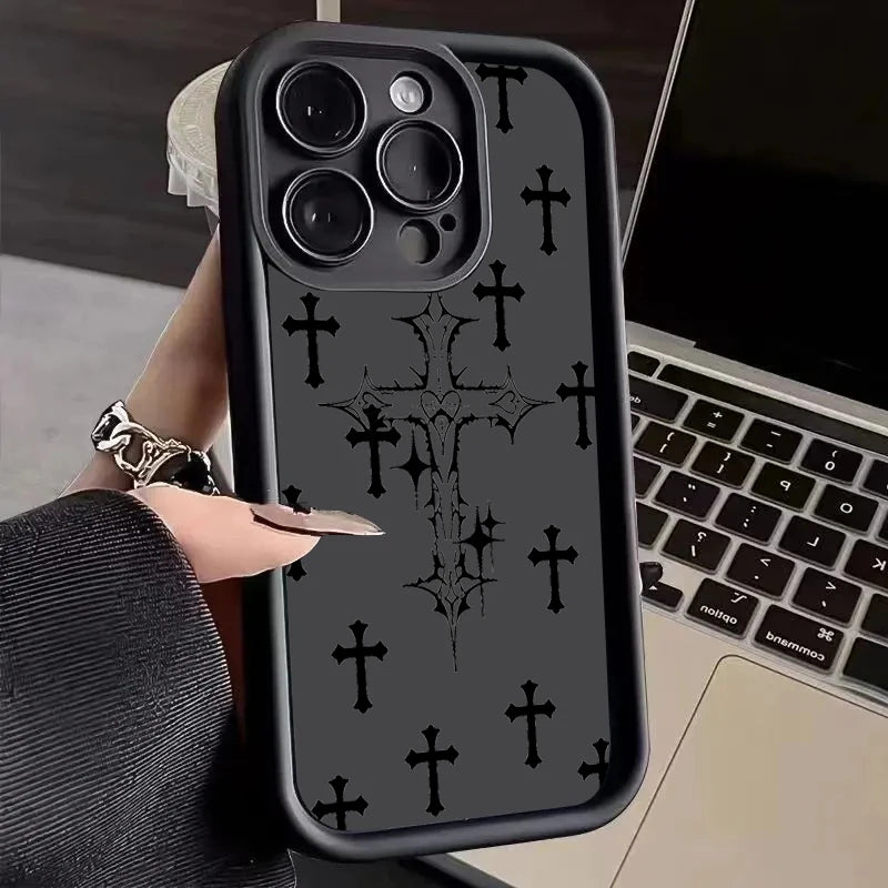 Luxury Black Cross Print Phone Case for iPhone 15 14 13 12 11 Pro Max Mini XR XS MAX 7 8 Plus SE2022 Shockproof Soft Funda Cover