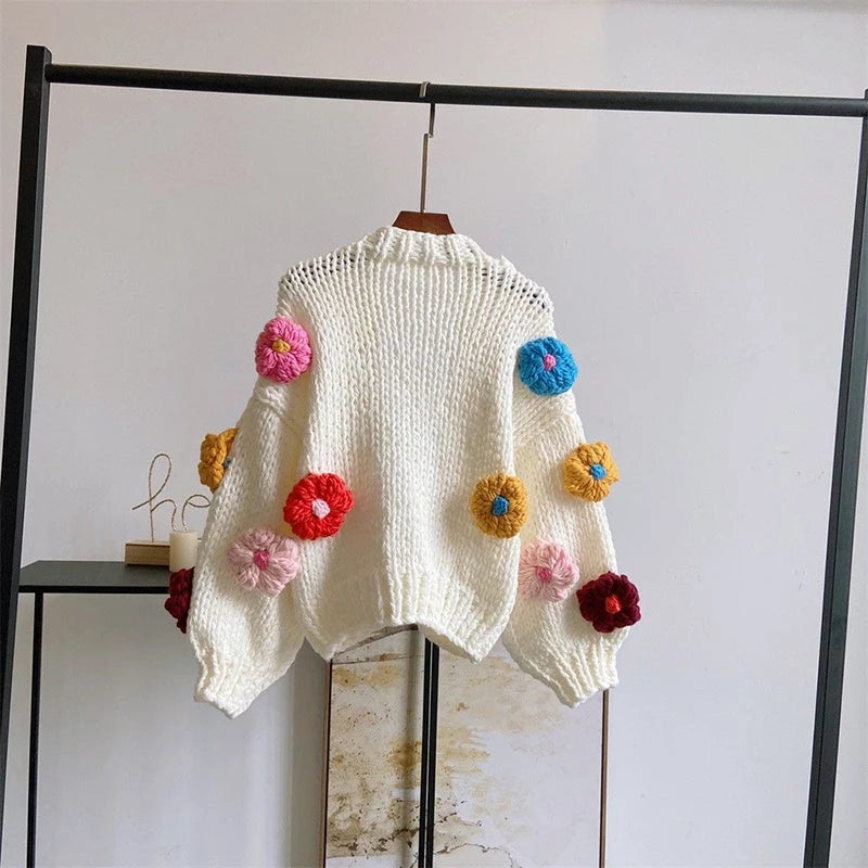 Harajuku Flower Cardigan Sweater Women Sweet Cute Long Sleeve Crop Knit Sweater Korean Y2K Streetwear Autumn Winter Casual Tops