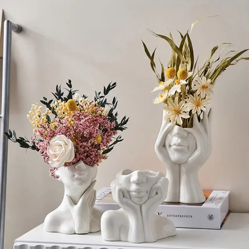 Ceramic Human Face Flower Vases Home Decor Creatrive Art Sculpture Human Head Abstract Plant Flower Pot Living Room Decors