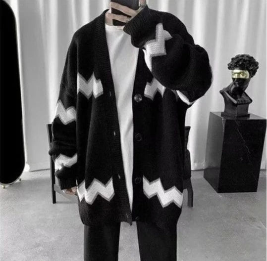 Knit Cardigan Man Black Sweater for Men Contrasting Colors Coats Loose Designer Top Korean Reviews Clothes Open Y2k Fit Casual