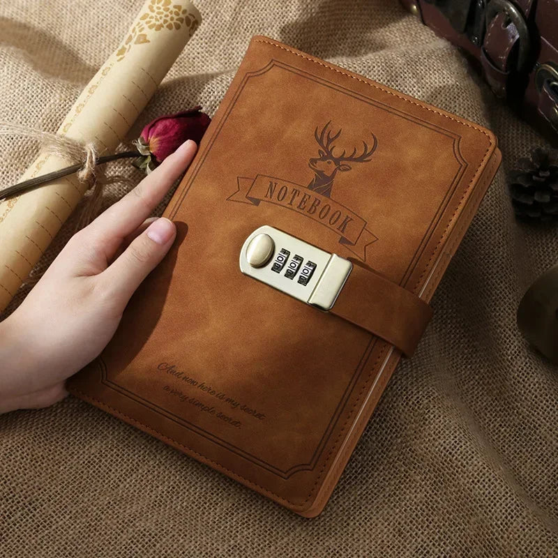 A5 Password Notes Diary Book with Lock Retro PU Leather Notebooks Simple Elk Print Notepad Girls Private Secret Diary Books