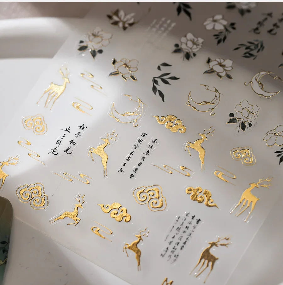 Chinese Style Gold Stamped God Deer Moon Auspicious Clouds Crane Lotus Flower 3D Self-adhesive Nail Art Stickers Manicure Decals