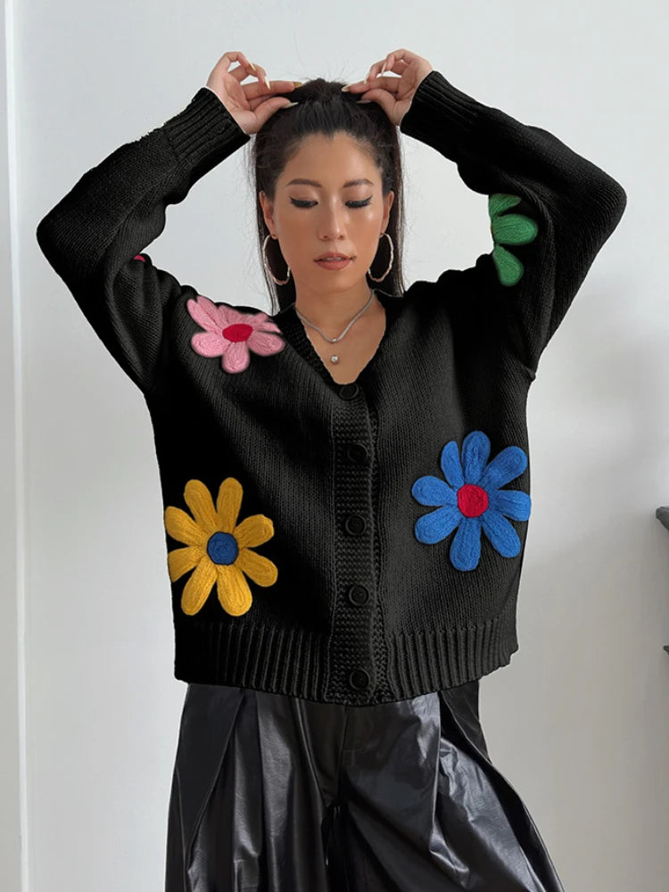 Women Loose-fit Embroidered Flower Cardigan Sweater Thick Casual Open Front Cardigan for Autumn and Winter 2024