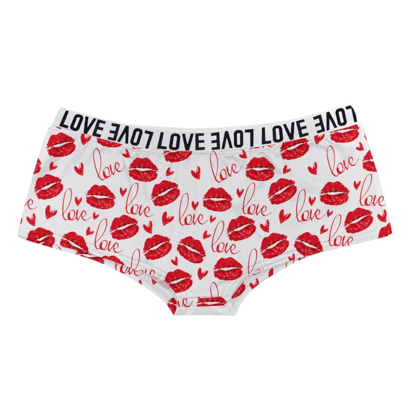 Sexy Lips Print Boxer Brief Valentine'S Day Lingeie High Waist Boyshort Love Underpants Female Underwear