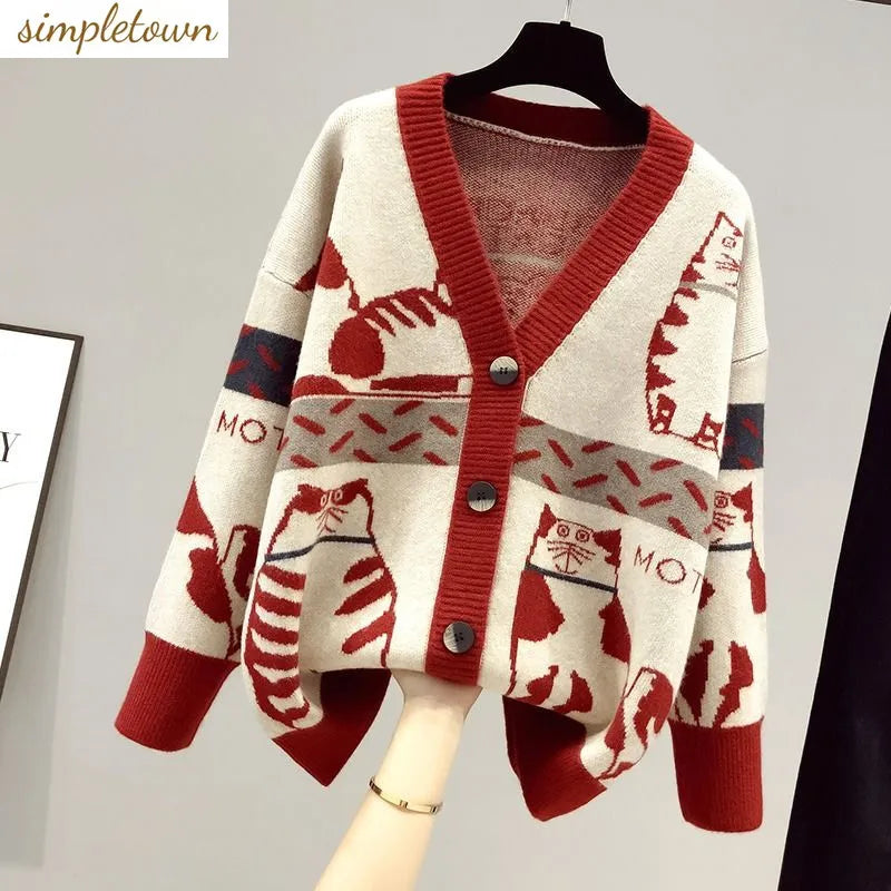 2023 Spring and Autumn New Cartoon Contrast Color Fashion Sweater Women's V-neck Knitted Cardigan Coat Trend