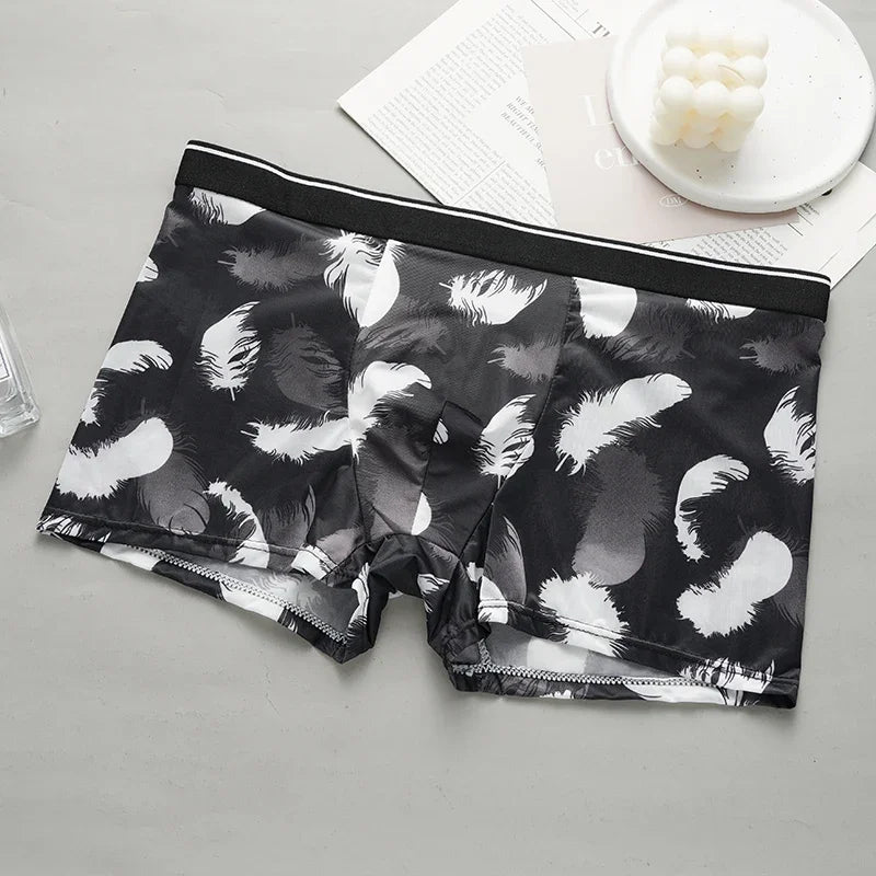 Men's Printed Boxer Briefs Shorts Ice Silk Sexy Seamless Underwear Underpants Ultra-thin Breathable Panties 1PC