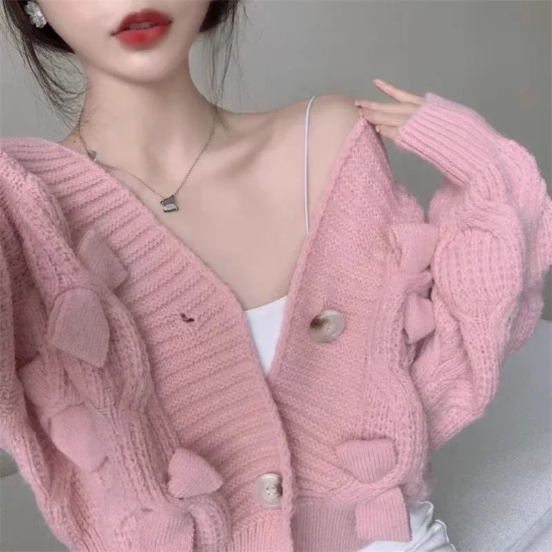 Retro Style Women V-neck Knit Cardigan Sweater Coat Autumn Winter Female Lazy Wind Cardigans Sweaters 2024 Ladies Knitted Jacket