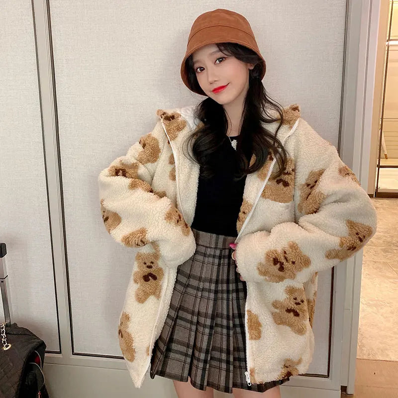 Women Sweet Cute Oversize Flannel Bear Pattern Sweater Korean Fashion Long Sleeve Zip Hoodie Y2k Autumn Tops Cardigan Sweaters