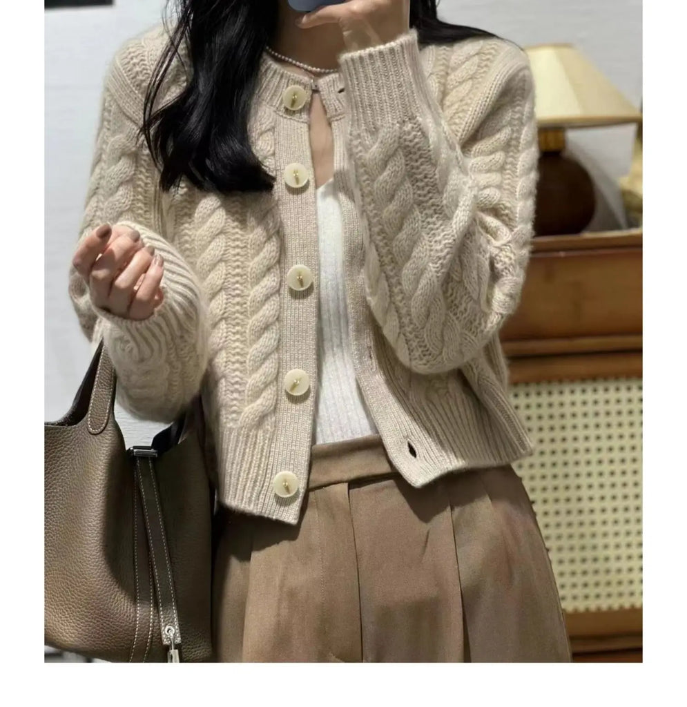 Women's Pure Cashmere Wool Sweater Round Neck Twists Short Cardigan Autumn Winter Casual Knit Top Female Thickened Warm Jacket