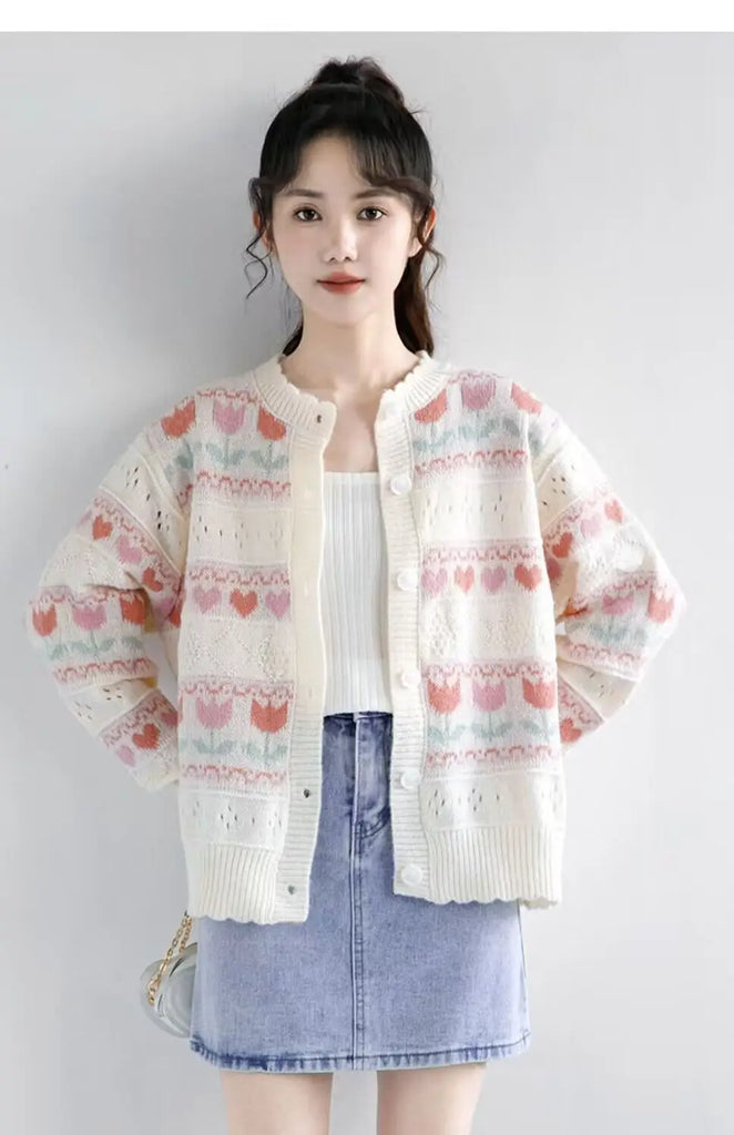 Women Autumn Sweet Kawaii Loose Hollow Out O-neck Long Sleeve Knitting Cardigan Coat Ladies Preppy Style All-match Knitwear