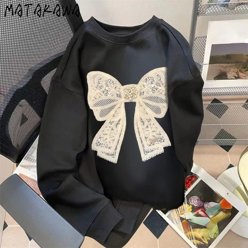 Matakawa Big Bow Hoodies Women Tops Korean Fashion Vintage Spring Autumn Sweatshirts Loose Embroidered Sudaderas Para Mujer
