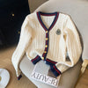 2024 Autumn Winter Preppy Style V-Neck Knitting Long Sleeve Cardigan Women Casual Appliques Single Breasted Female Loose Sweater