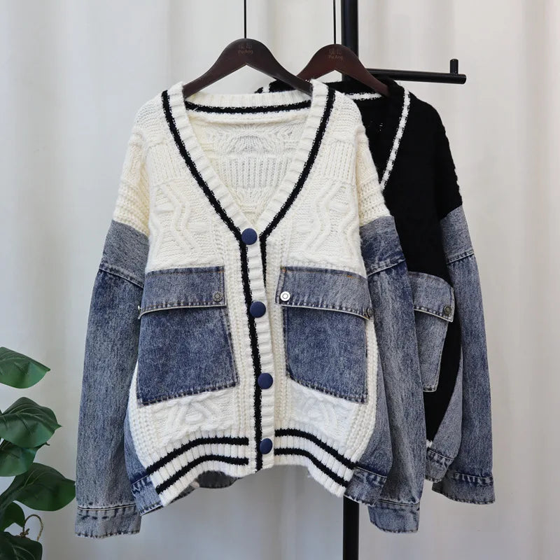 [EWQ] Big Size Fashion Style V-neck Denim Spliced Knitted Sweater Cardigan Loose Women’s Clothing Winter 2024 Autumn New 16O1104