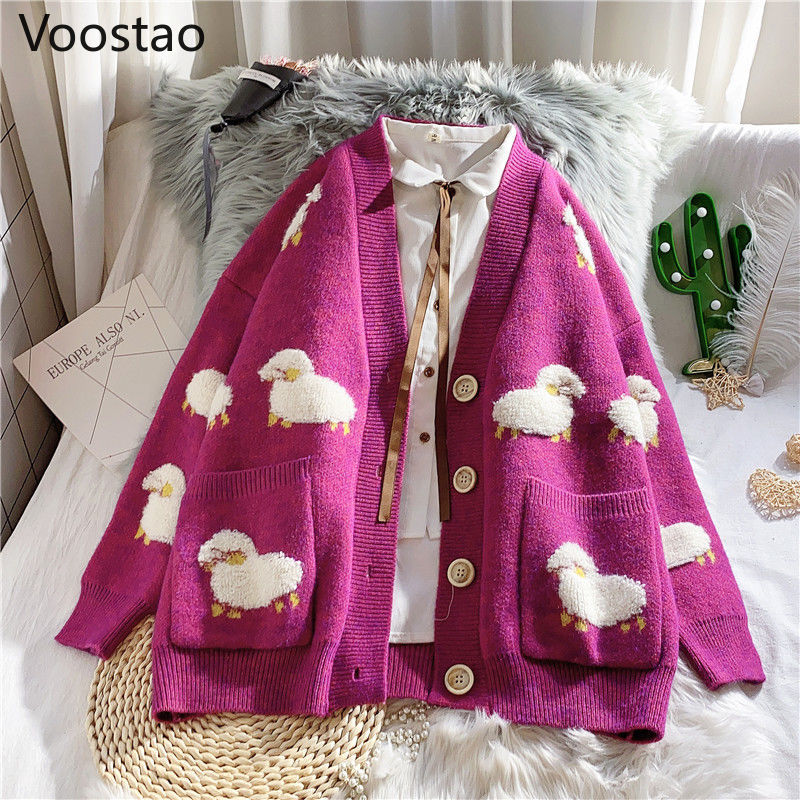 Spring Autumn Women V-Neck Kawaii Sheep Sweater Coat Korean Knitted Cardigan Female Casual Long Sleeve Loose Sueter Mujer Jacket