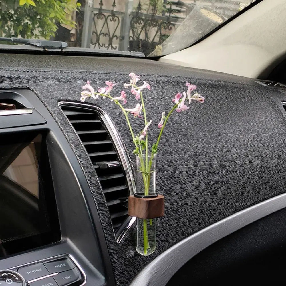 Stable Mini Car Flower Vase Clip Elegant Adjustable Car Vent Flower Vase Walnut and Glass Creative Car Vent Decor Dashboard