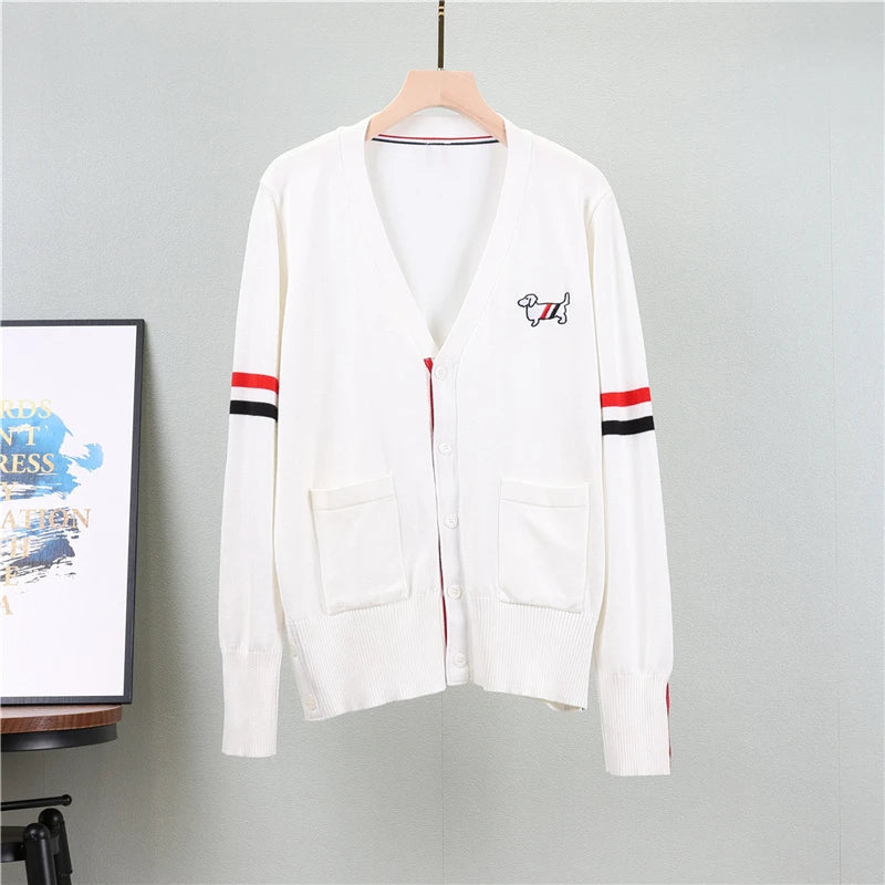 Autumn Sweater Coat Women's Cardigan College Style Embroidery Puppy Stripe Color Block Knitwear Overlay Top