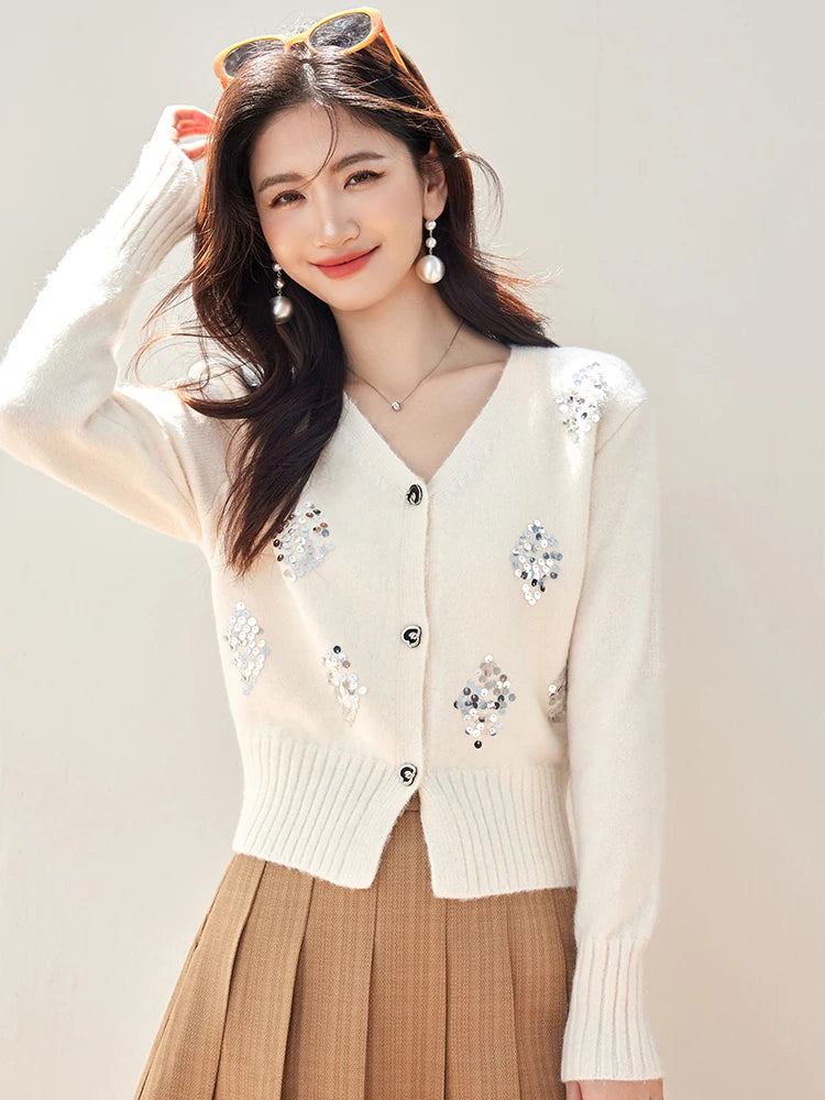 Autumn New V-neck Knitted Cardigan Women's Chic Design Loose Single Breasted Sweater Coat Temperament Long Sleeve Top