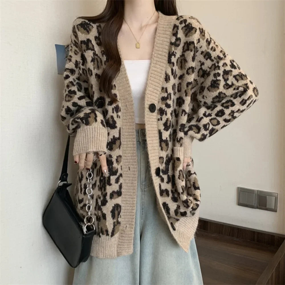 Neploe Loose Korea Leopard Commuter Lazy Jumper Single Breasted V Neck Knit Simple Cardigan Mid-length Harajuku Vintage Mujer