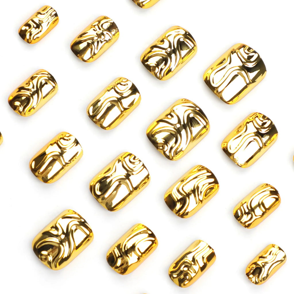 Gold 3D Water Ripple Sparkling Nail Art Fashion Glossy Short Fake Nails Detachable Finished False Nails Press on Nails with Glue