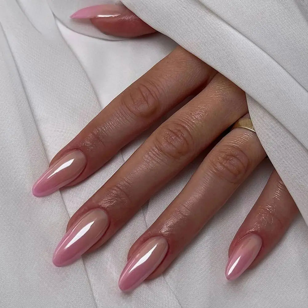 Pink Gradient Pearlescent Nail Art Fashion Glossy Almond False Nails Detachable Finished Fake Nails Press on Nails with Glue