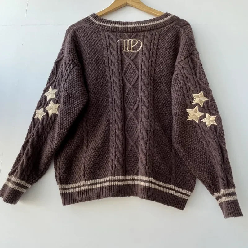 2024 Black Cardigans with Stars Embroidered Female Autumn Winter Knitted Cardigan Women Warm Soft Loose Sweaters Jumpers Tops