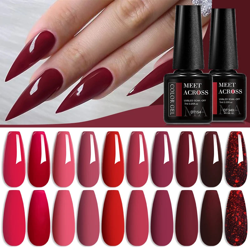 MEET ACROSS 7ml Red Gel Nail Polish Crystal Semi Permanent Soak Off UV Gel Varnish Nail Art Manicure Base Matte Top Coat Vernis