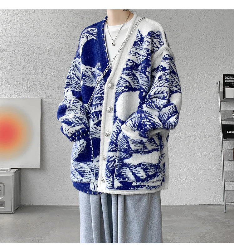 Men Fashion Printed Sweater Coat V Neck Knitted Cardigan Autumn Lazy Chic Elegant Sweater Men High Street Hip Hop Oversized 8XL