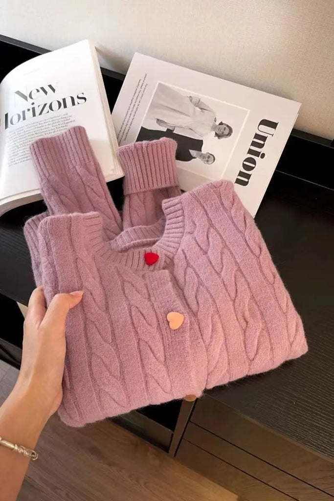 New Korean Style Western-style Sweet Color Love Button Versatile Soft Waxy Knitting Cardigan Fashion Fried Dough Twists Sweater