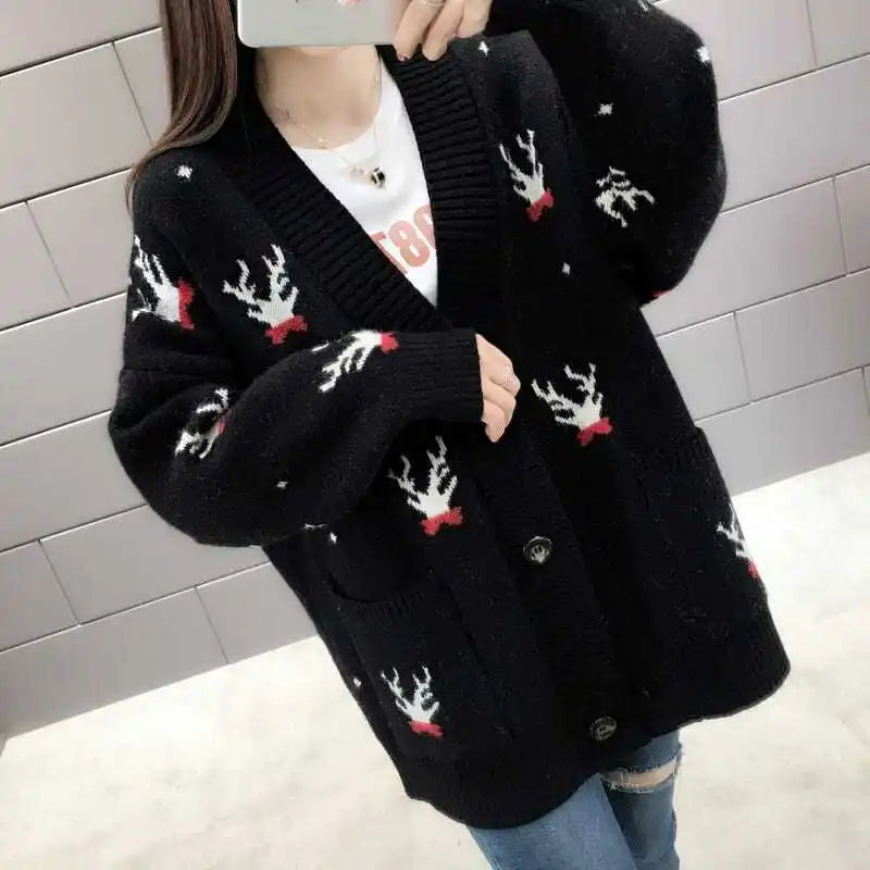 Spring Autumn Winter Oversized Sweater Coat Women Clothes Loose Mid Length Top Printing Knitting Cardigan Warm Top Tee Women's